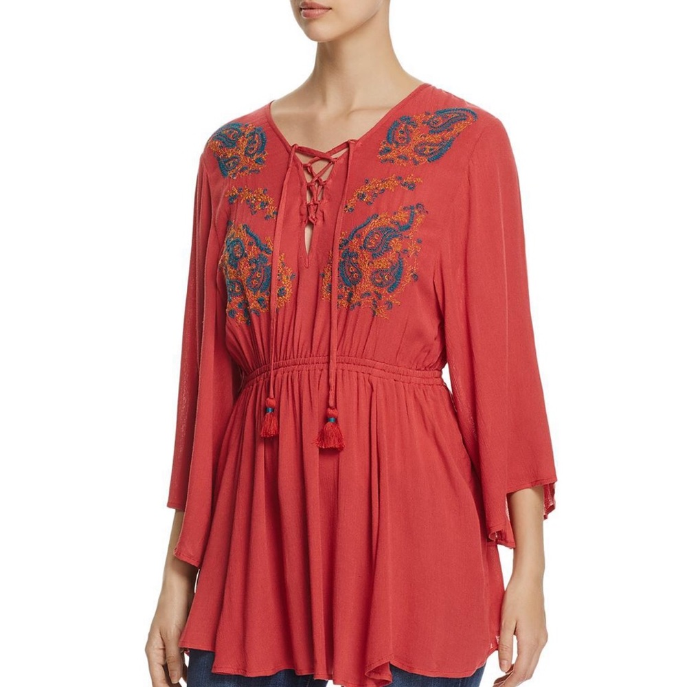 NEW ✨ JACHS Girlfriend Embroidered Lace-Up Peasant peplum